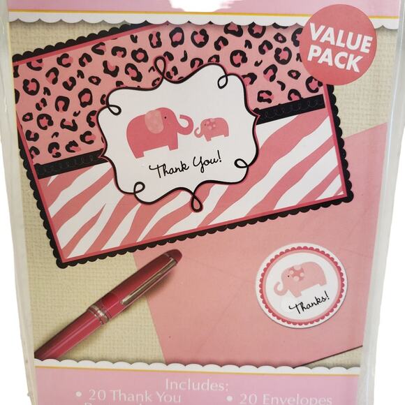 Baby Girl Pink Elephant Leopard Print Thank You Cards Baby Shower with Stickers - Picture 2 of 5